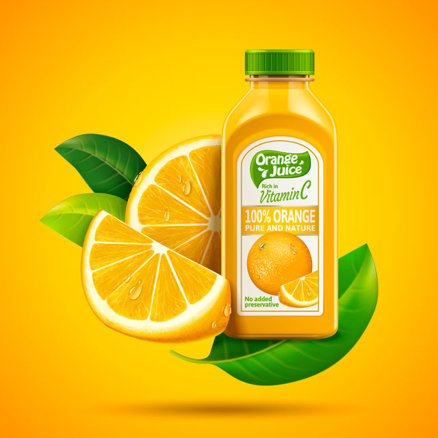 دانلود وکتور بطری پرتقال به همراه تکه های میوه پرتقال