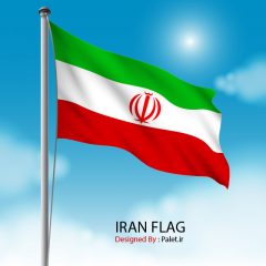 دانلود وکتور لایه باز پرچم ایران روی میله پرچم و پس زمینه آسمان آبی