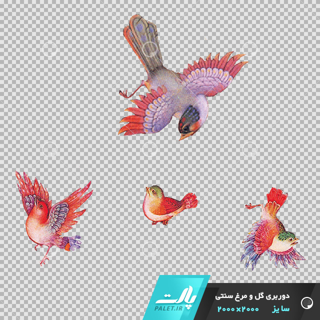 دانلود فایل دوربری شده گل و مرغ سنتی با 4 پرنده در سبک رنگی صورتی در ابعاد2000 در 2000