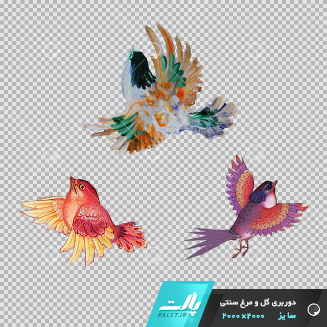 دانلود فایل دوربری شده گل و مرغ سنتی با 3 پرنده در تم رنگی صورتی در ابعاد2000 در 2000
