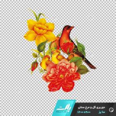 دانلود فایل دوربری شده گل و مرغ سنتی بوته ای قرمز و زرد در ابعاد 900 در 1200