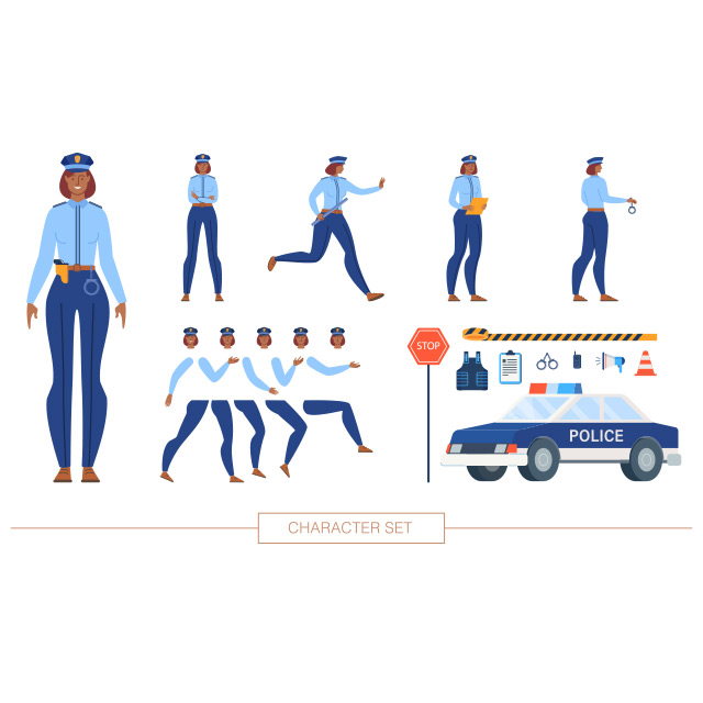 تصویر وکتور لایه باز پک کامل پلیس خانم برای موشن گرافیک و انیمیشن