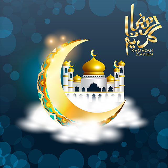 طرح ماه مبارک رمضان با پس زمینه مسجد و ماه