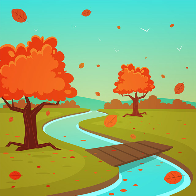 دانلود وکتور کارتونی لایه باز درختان پاییزی رودخانه و پل چوبی