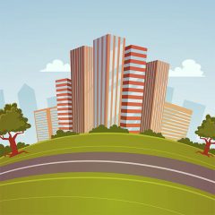 وکتور لایه باز کارتونی منظره شهری، ساختمان و جاده