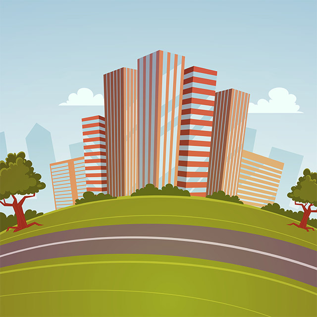 دانلود طرح وکتور لایه باز کارتونی منظره شهری، ساختمان و جاده