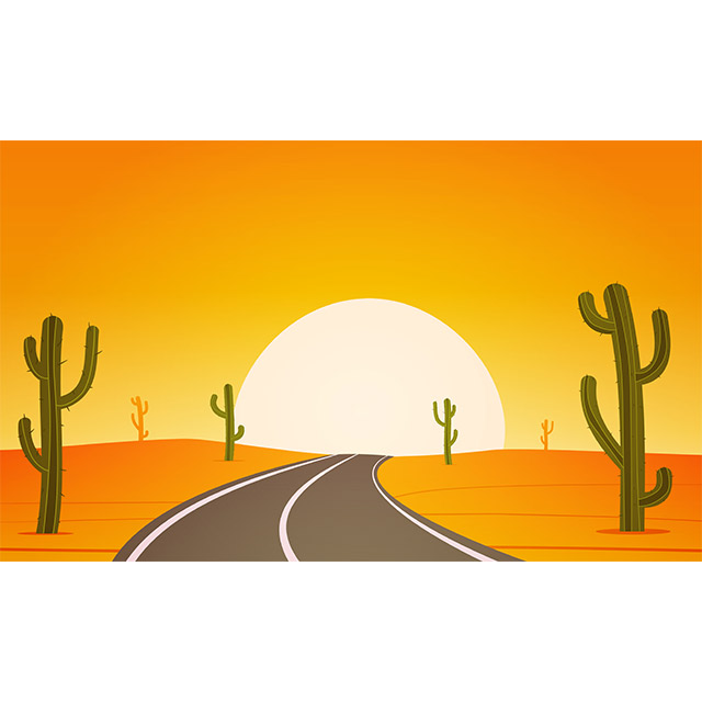دانلود طرح وکتور کارتونی جاده بیابانی ، درخت کاکتوس و خورشید