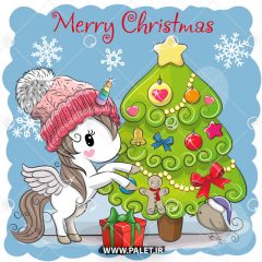 وکتور کودکانه اسب تک شاخ تبریک کریسمس