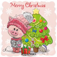 وکتور کارتونی فانتزی خوک در کنار درخت کاج کریسمس