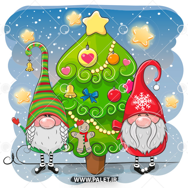 دانلود وکتور کارتونی کریسمس بابانوئل در کنار درخت کاج