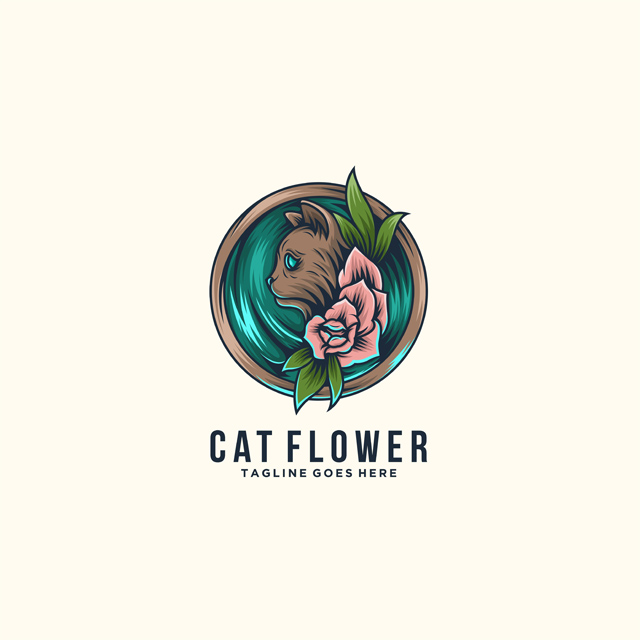 وکتور لوگو گربه و گل زیبا