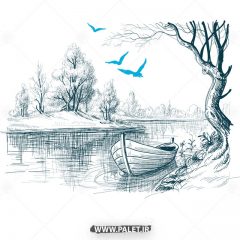 دانلود وکتور قایق و رودخانه نقاشی شده