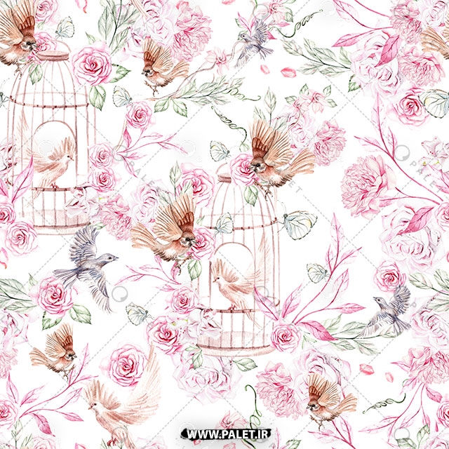 طرح پترن استاک گل‌های صورتی با پرنده‌های داخل قفس