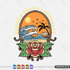 لوگو ساحل زیبا در تابستان با طراحی دستی