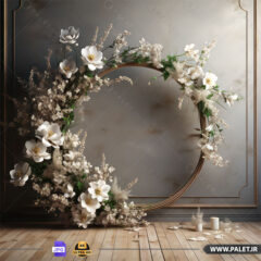 بکگراند عکاسی حلقه گل با قاب چوبی و گل‌های سفید
