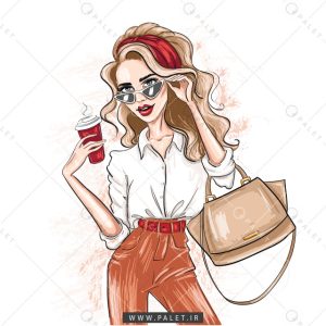 وکتور کارتونی زن زیبا با قهوه