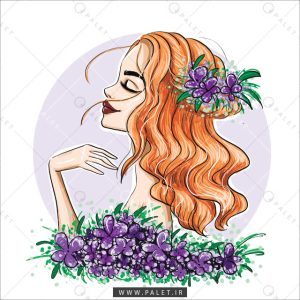 طرح لایه‌باز دختر زیبا با گل‌سر بنفش