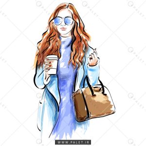 دانلود وکتور خانم با پالتو، کیف و عینک