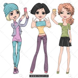 وکتور سه دختر درحال گرفتن سلفی