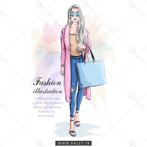 وکتور زن جوان با کیف بزرگ و پالتو صورتی