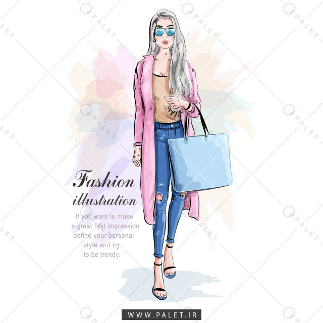 وکتور زن جوان با کیف بزرگ و پالتو صورتی