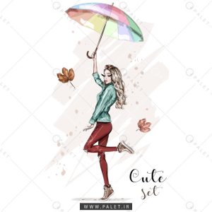دختر فشن با استایل پاییزه و چتر رنگی