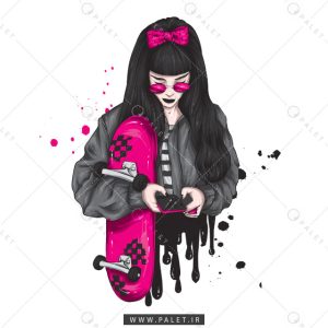 دختر فشن با استایل مشکی و اسکیت صورتی
