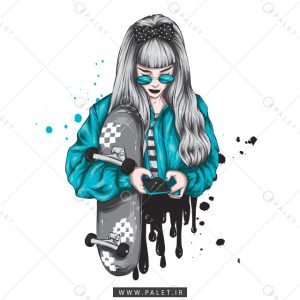 وکتور فشن دختربا اسکیت برد و لباس آبی
