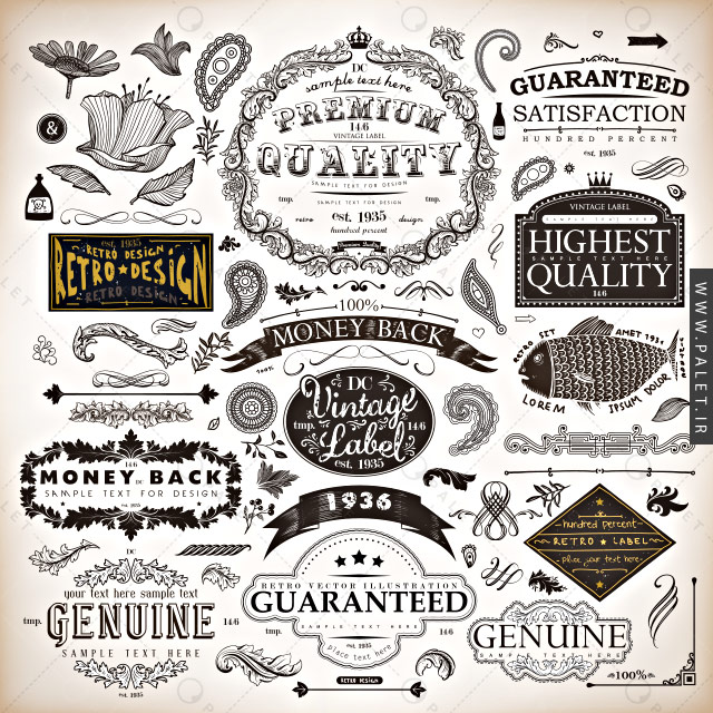 مجموعه وکتور قاب و عناصر تزئینی رترو