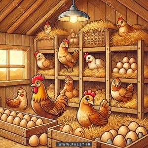 وکتور کارتونی مرغداری، تخم مرغ و خروس بصورت لایه باز
